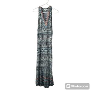 THML Boho Sleeveless Embroidered Maxi Dress Side Slit Tropical Blue Multi M